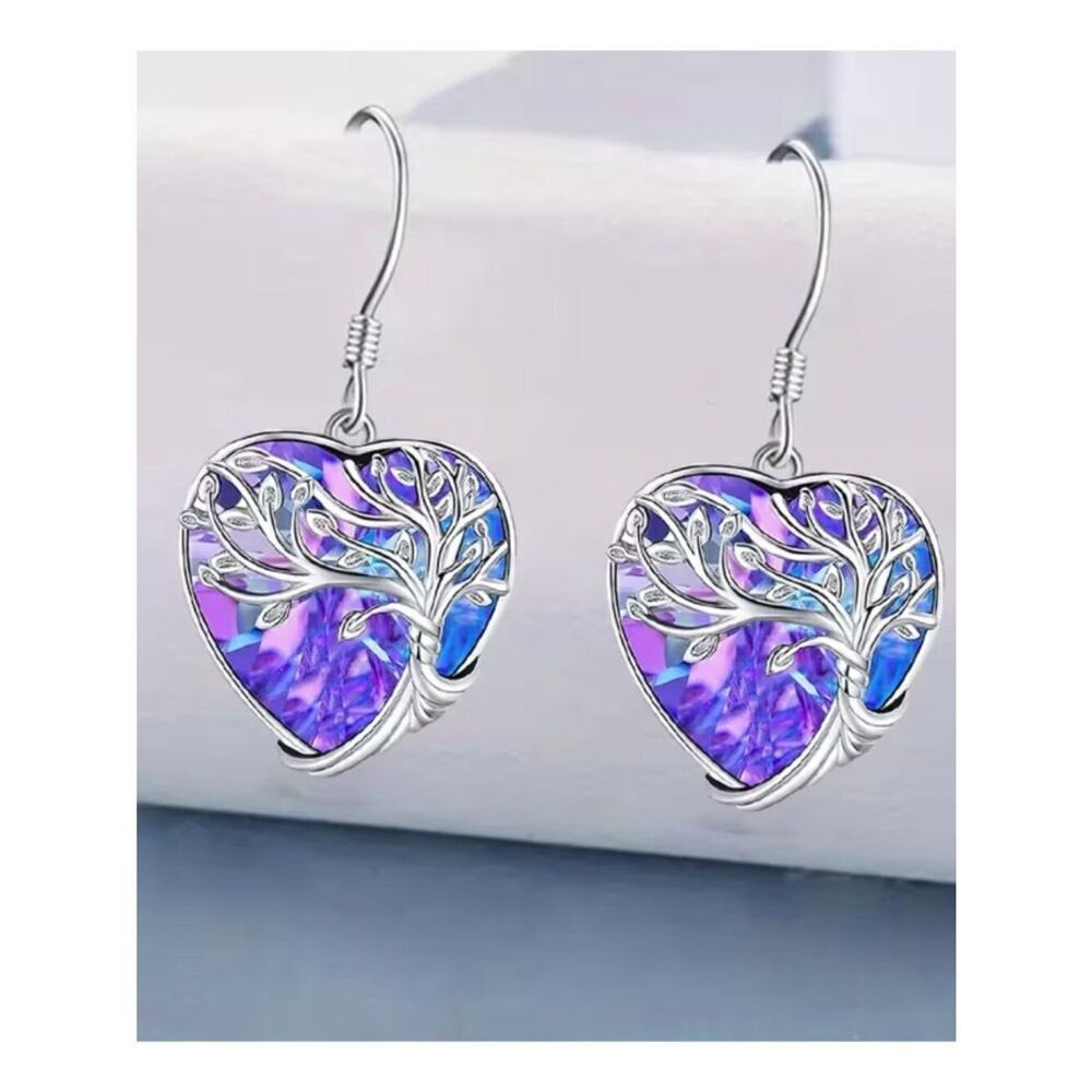 Heart Shape Tree of Life Earrings Purple & Blue Crystal Drop Earrings in Silver